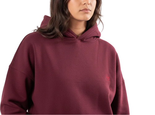Person wearing a maroon hoodie with a small red logo on a white background