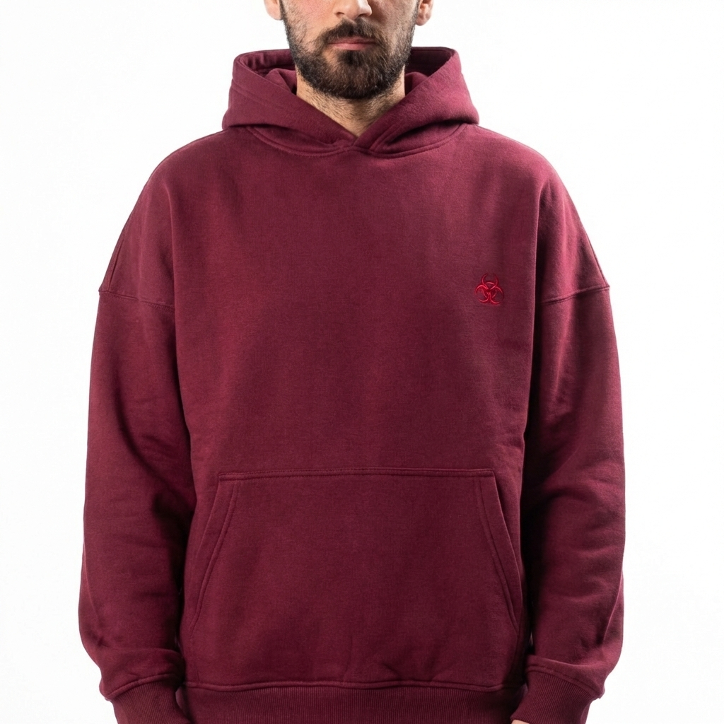 Maroon hoodie with a small red logo on a white background